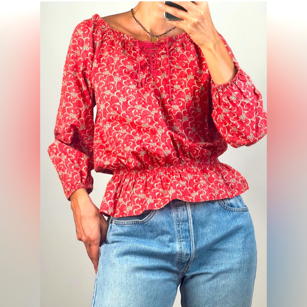 Vintage Ralph Lauren Peasant Boho Top Blouse Shirt Cotton size L 3/4 Sleeve